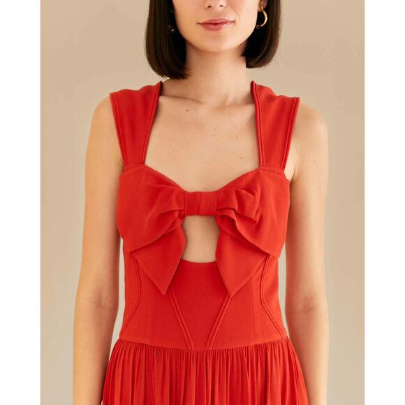 FARM RIO Anthropologie Red Bow Detail Midi Dress Sleeveless Sweetheart NWT L - Picture 4 of 10